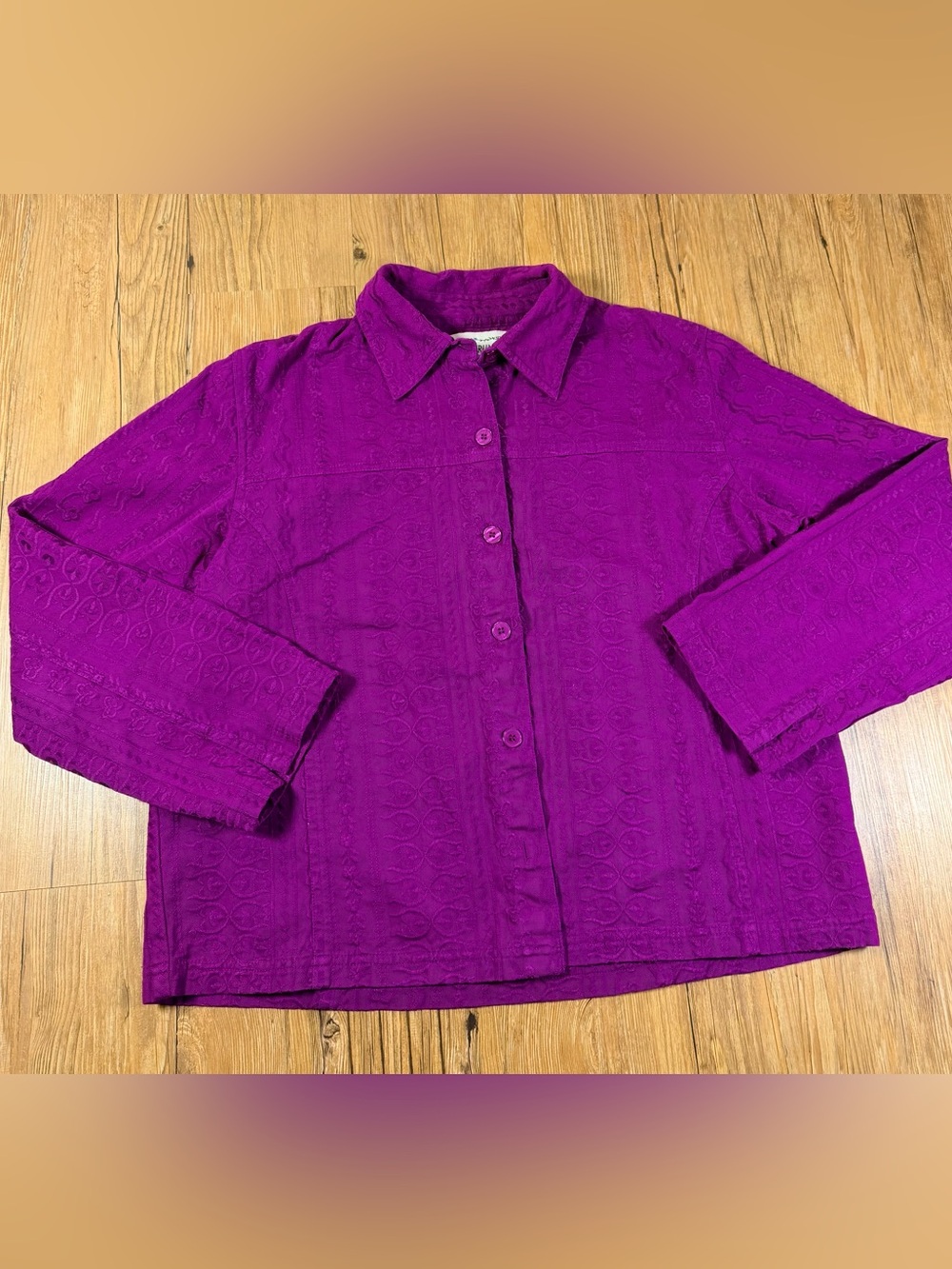 Tantrums Womens M Purple Floral Embroidered Button Up Shirt Boho Cotton